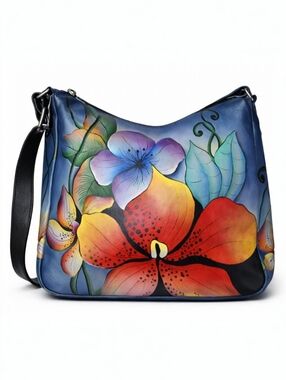 Anuschka Hand Painted Floral Leather Hobo Crossbody Bag Wearable Art NWT